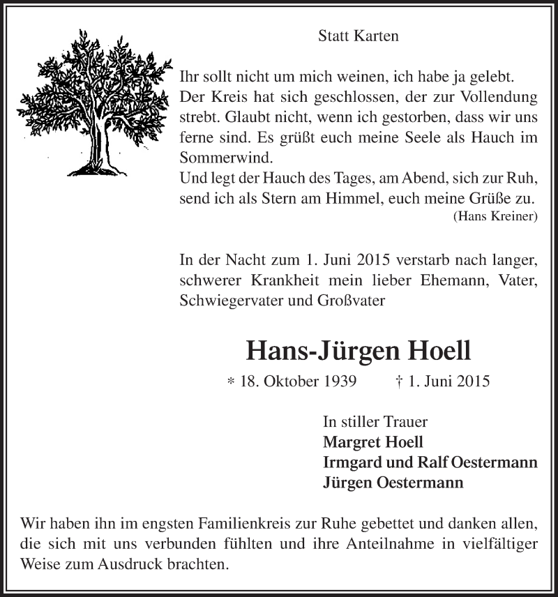  Traueranzeige für Hans-Jürgen Hoell vom 24.06.2015 aus  Anzeigen Echo 