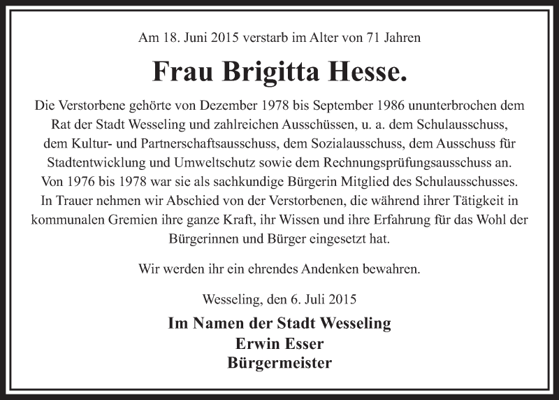  Traueranzeige für Brigitta Hesse vom 08.07.2015 aus  Schlossbote/Werbekurier 