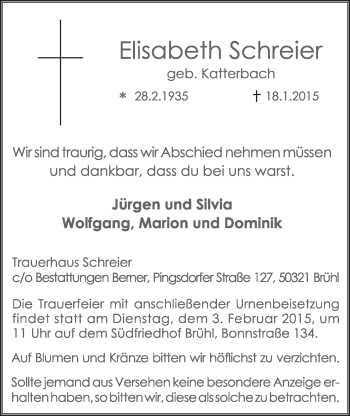 Anzeige von Elisabeth Schreier von  Schlossbote/Werbekurier 