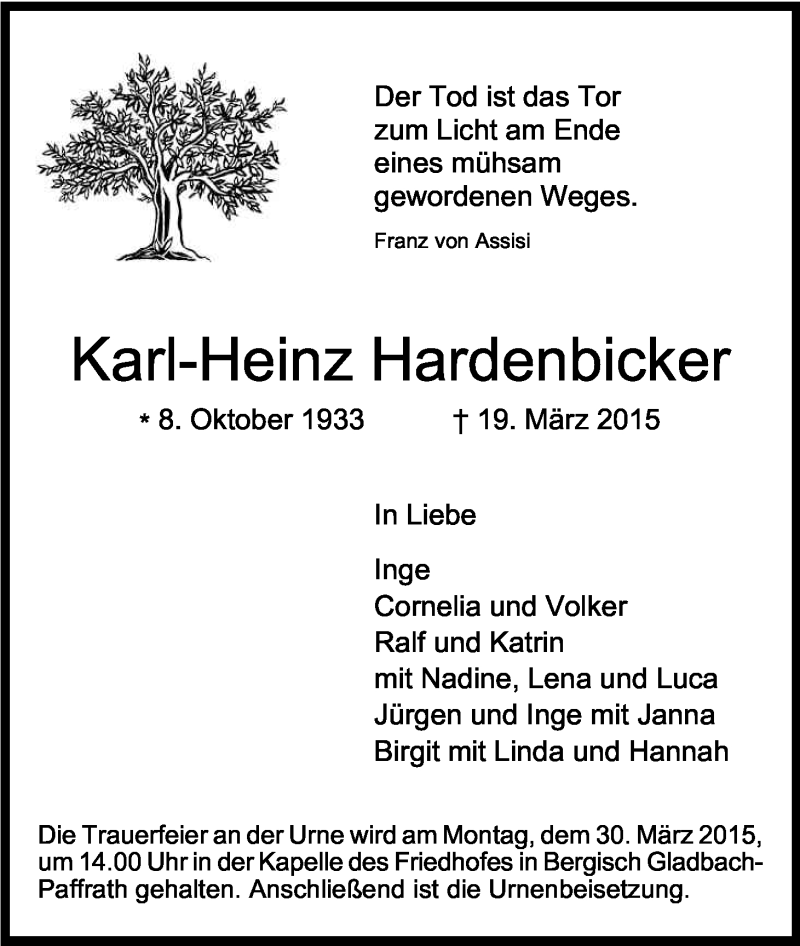  Traueranzeige für Karl-Heinz Hardenbicker vom 25.03.2015 aus Kölner Stadt-Anzeiger / Kölnische Rundschau / Express