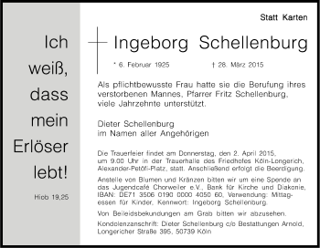 Anzeige von Ingeborg Schellenburg von Kölner Stadt-Anzeiger / Kölnische Rundschau / Express