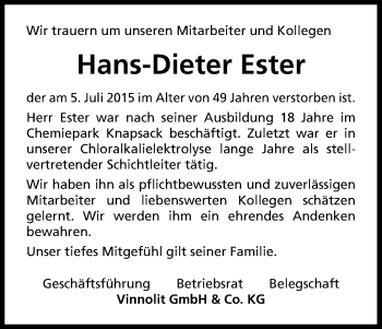 Anzeige von Hans-Dieter Ester von Kölner Stadt-Anzeiger / Kölnische Rundschau / Express