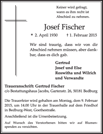 Anzeige von Josef Fischer von  Sonntags-Post 