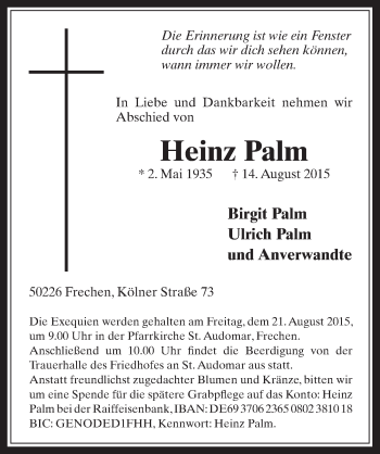 Anzeige von Heinz Palm von  Wochenende 