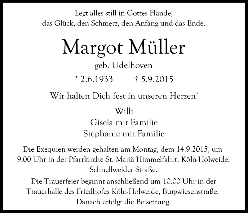  Traueranzeige für Margot Müller vom 12.09.2015 aus Kölner Stadt-Anzeiger / Kölnische Rundschau / Express