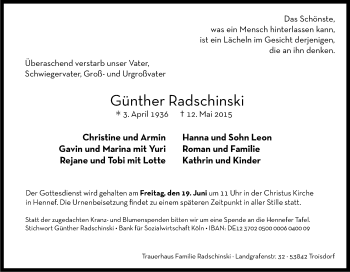 Anzeige von Günther Radschinski von Kölner Stadt-Anzeiger / Kölnische Rundschau / Express