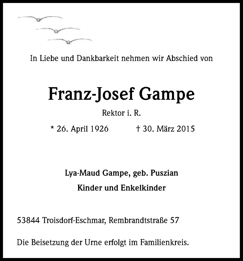  Traueranzeige für Franz-Josef Gampe vom 04.04.2015 aus Kölner Stadt-Anzeiger / Kölnische Rundschau / Express