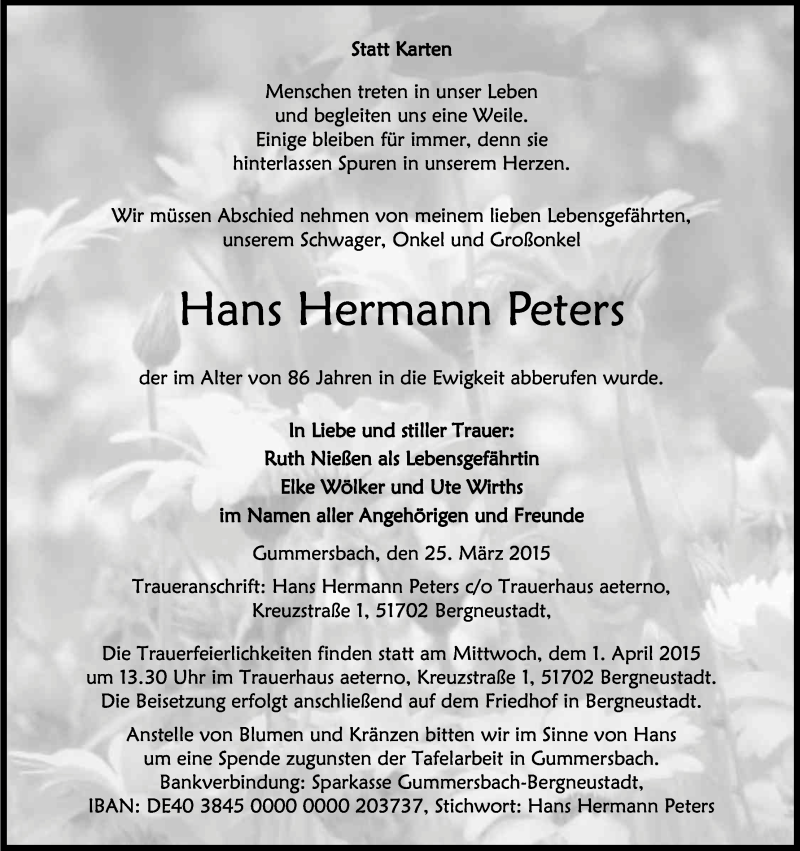  Traueranzeige für Hans Hermann Peters vom 28.03.2015 aus Kölner Stadt-Anzeiger / Kölnische Rundschau / Express