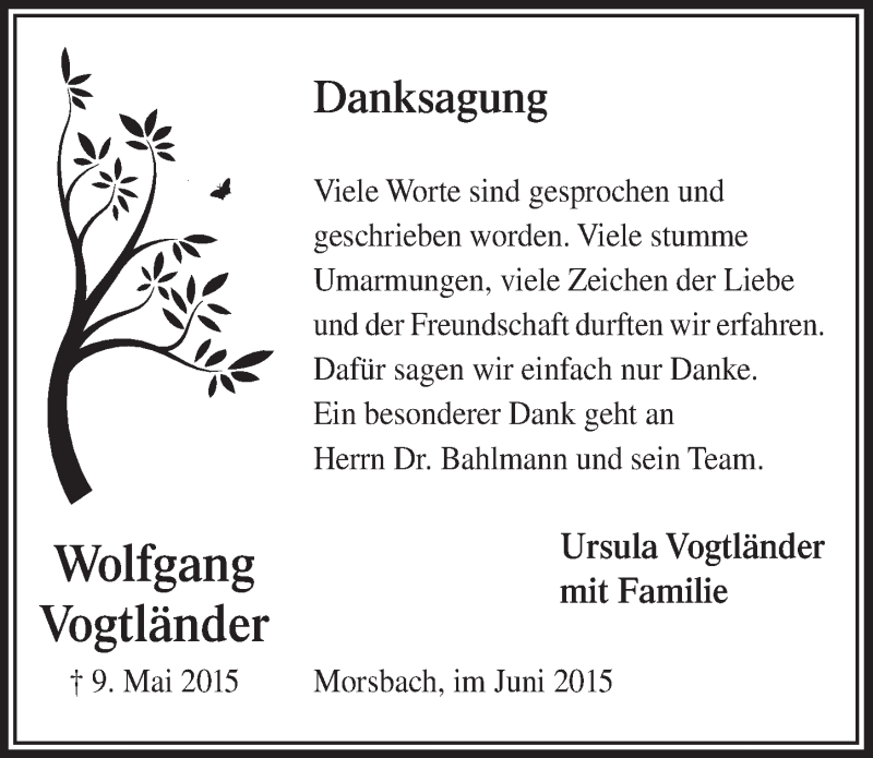  Traueranzeige für Wolfgang Vogtländer vom 17.06.2015 aus  Lokalanzeiger 