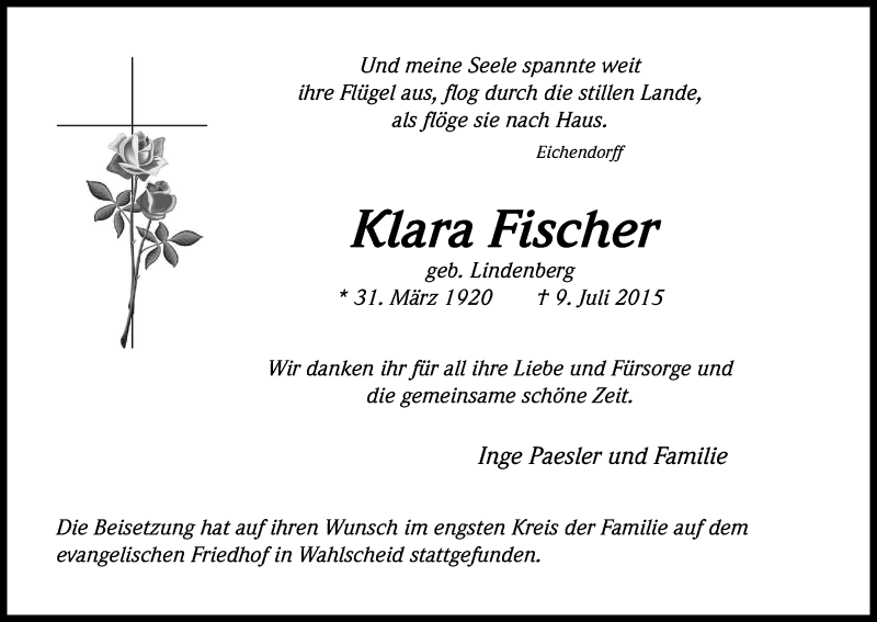  Traueranzeige für Klara Fischer vom 29.07.2015 aus Kölner Stadt-Anzeiger / Kölnische Rundschau / Express