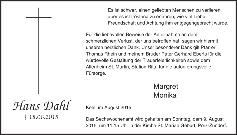  Traueranzeige für Hans Dahl vom 05.08.2015 aus  Kölner Wochenspiegel 