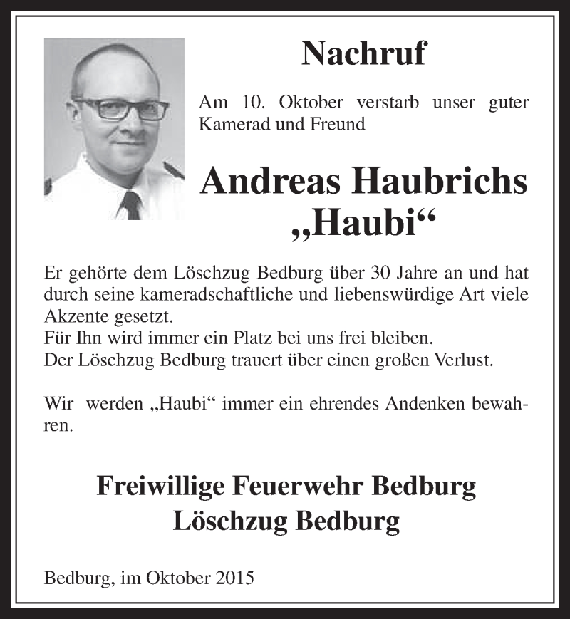  Traueranzeige für Andreas Haubrichs vom 14.10.2015 aus  Werbepost 