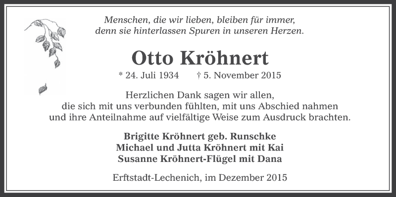  Traueranzeige für Otto Kröhnert vom 02.12.2015 aus  Werbepost 