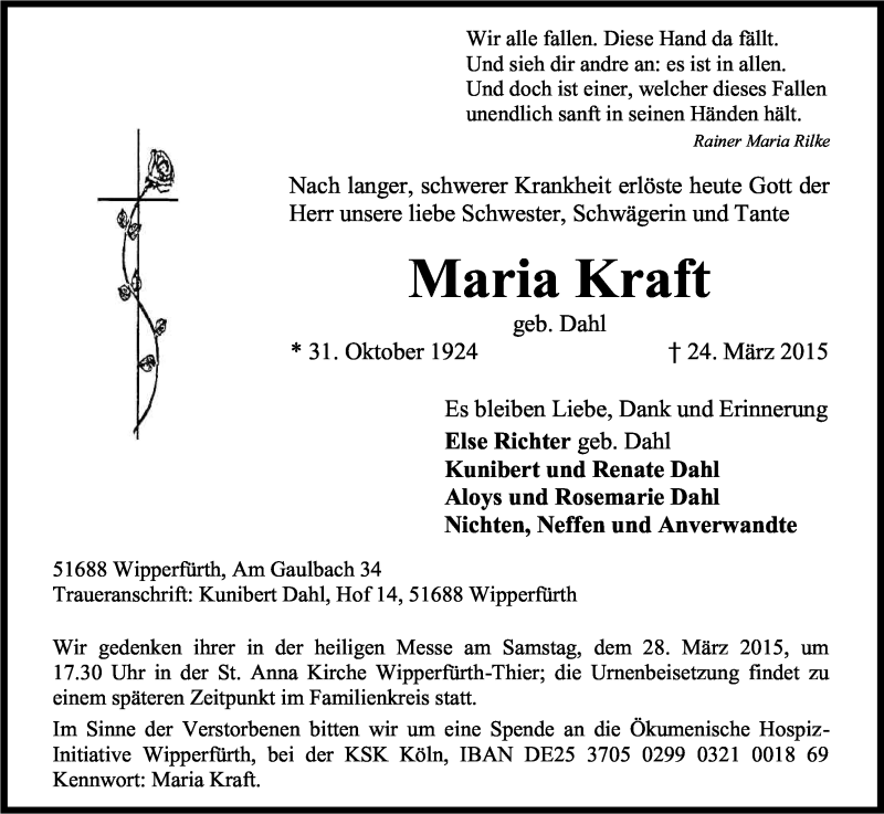  Traueranzeige für Maria Kraft vom 26.03.2015 aus Kölner Stadt-Anzeiger / Kölnische Rundschau / Express