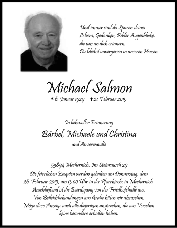Anzeige von Michael Salmon von Kölner Stadt-Anzeiger / Kölnische Rundschau / Express