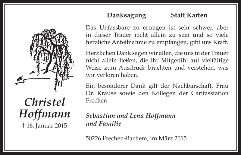  Traueranzeige für Christel Hoffmann vom 11.03.2015 aus  Wochenende 