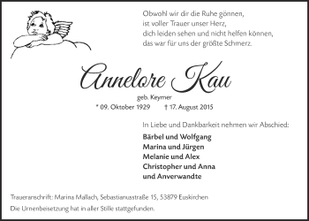 Anzeige von Annelore Kau von  Blickpunkt Euskirchen 