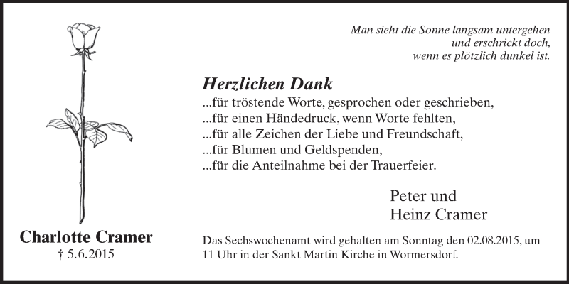  Traueranzeige für Charlotte Cramer vom 22.07.2015 aus  Schaufenster/Blickpunkt 