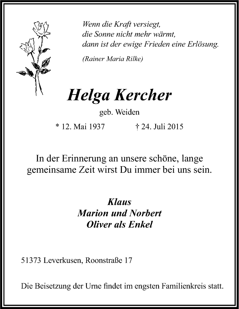  Traueranzeige für Helga Kercher vom 27.07.2015 aus Kölner Stadt-Anzeiger / Kölnische Rundschau / Express