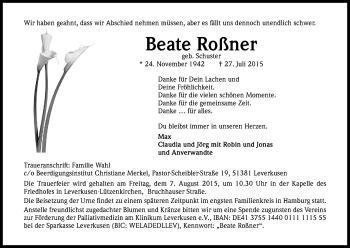 Anzeige von Beate Roßner von Kölner Stadt-Anzeiger / Kölnische Rundschau / Express
