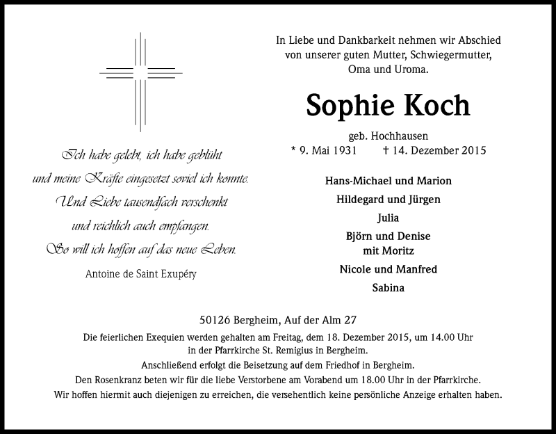  Traueranzeige für Sophie Koch vom 16.12.2015 aus Kölner Stadt-Anzeiger / Kölnische Rundschau / Express
