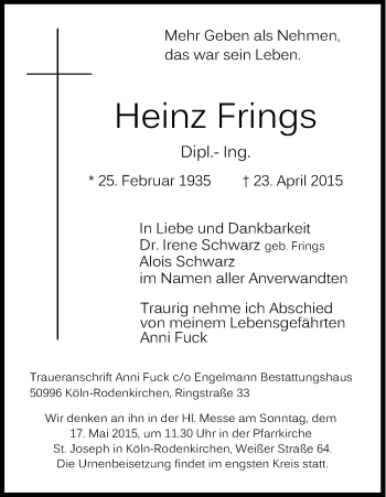 Anzeige von Heinz Frings von Kölner Stadt-Anzeiger / Kölnische Rundschau / Express