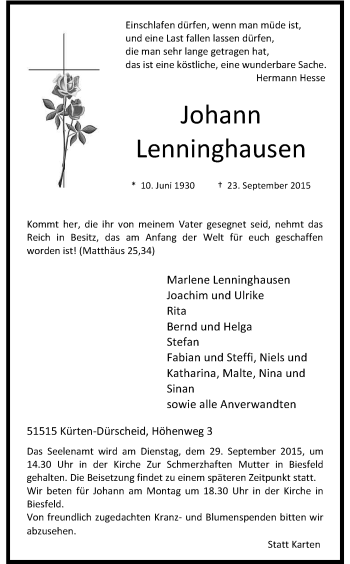 Anzeige von Johann Lenninghausen von Kölner Stadt-Anzeiger / Kölnische Rundschau / Express