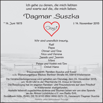 Anzeige von Dagmar Suszka von  Sonntags-Post 