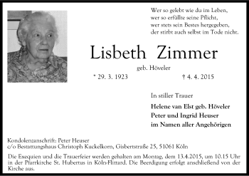Anzeige von Lisbeth Zimmer von Kölner Stadt-Anzeiger / Kölnische Rundschau / Express