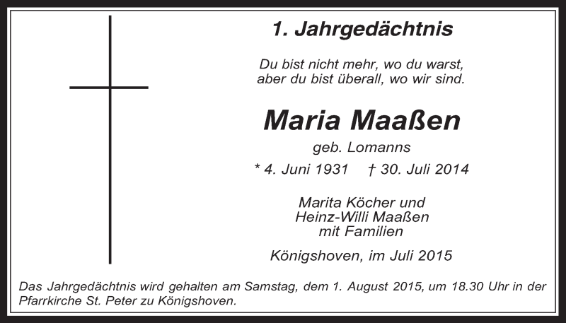  Traueranzeige für Maria Maaßen vom 22.07.2015 aus  Werbepost 