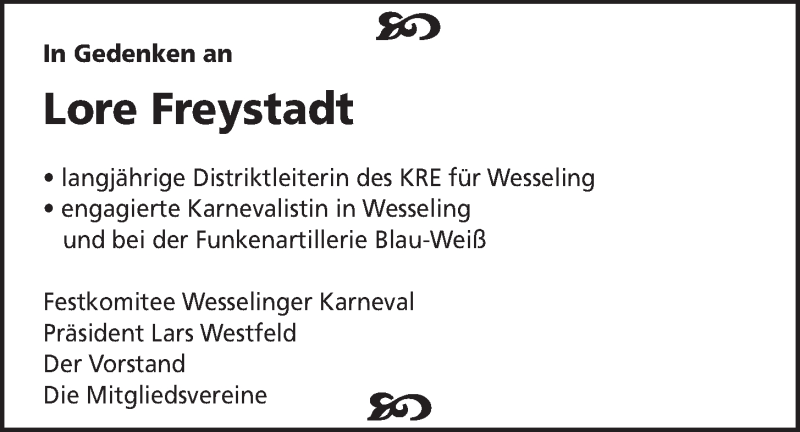  Traueranzeige für Lore Freystadt vom 29.07.2015 aus  Schlossbote/Werbekurier 
