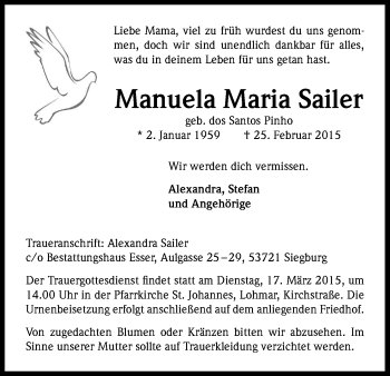 Anzeige von Manuela Sailer von Kölner Stadt-Anzeiger / Kölnische Rundschau / Express