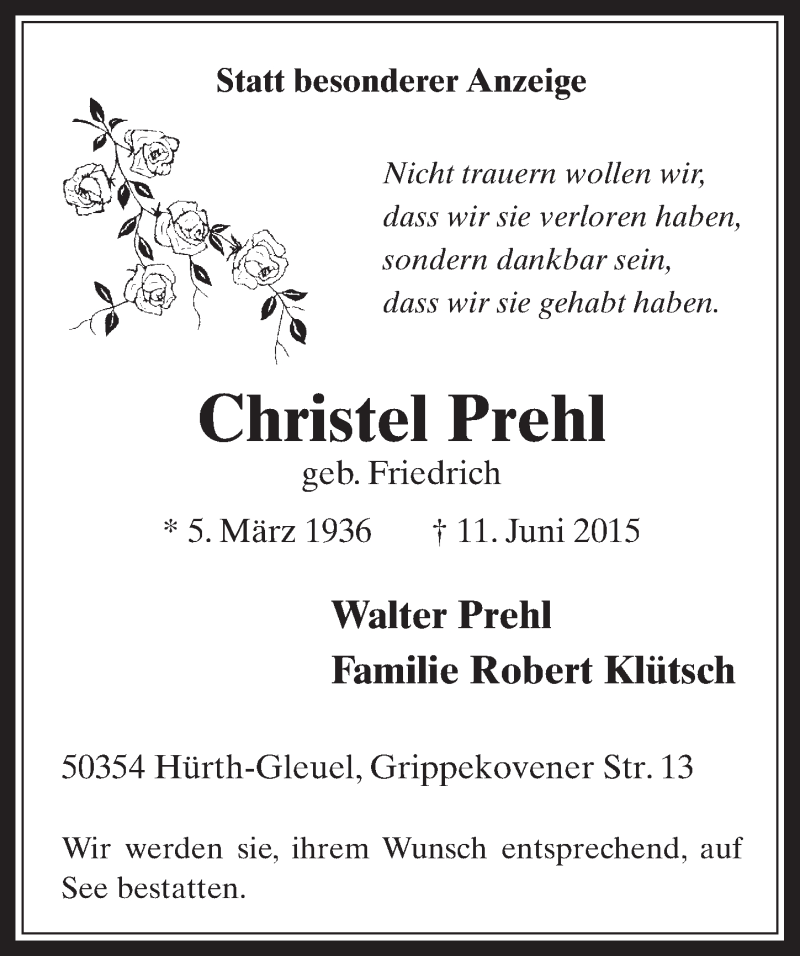  Traueranzeige für Christel Prehl vom 17.06.2015 aus  Wochenende 