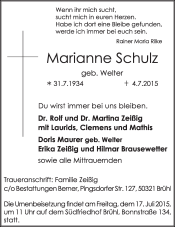 Anzeige von Marianne Schulz von  Schlossbote/Werbekurier 