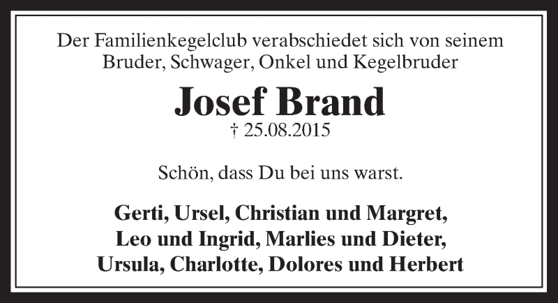  Traueranzeige für Josef Brand vom 02.09.2015 aus  Werbepost 