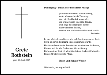 Anzeige von Grete Rothstein von Kölner Stadt-Anzeiger / Kölnische Rundschau / Express