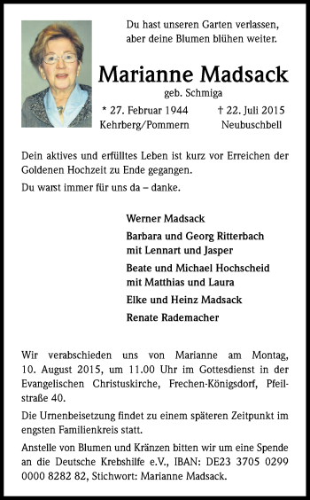 Anzeige von Marianne Madsack von Kölner Stadt-Anzeiger / Kölnische Rundschau / Express
