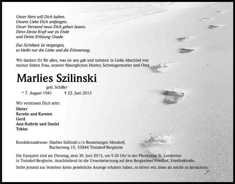  Traueranzeige für Marlies Szilinski vom 27.06.2015 aus Kölner Stadt-Anzeiger / Kölnische Rundschau / Express