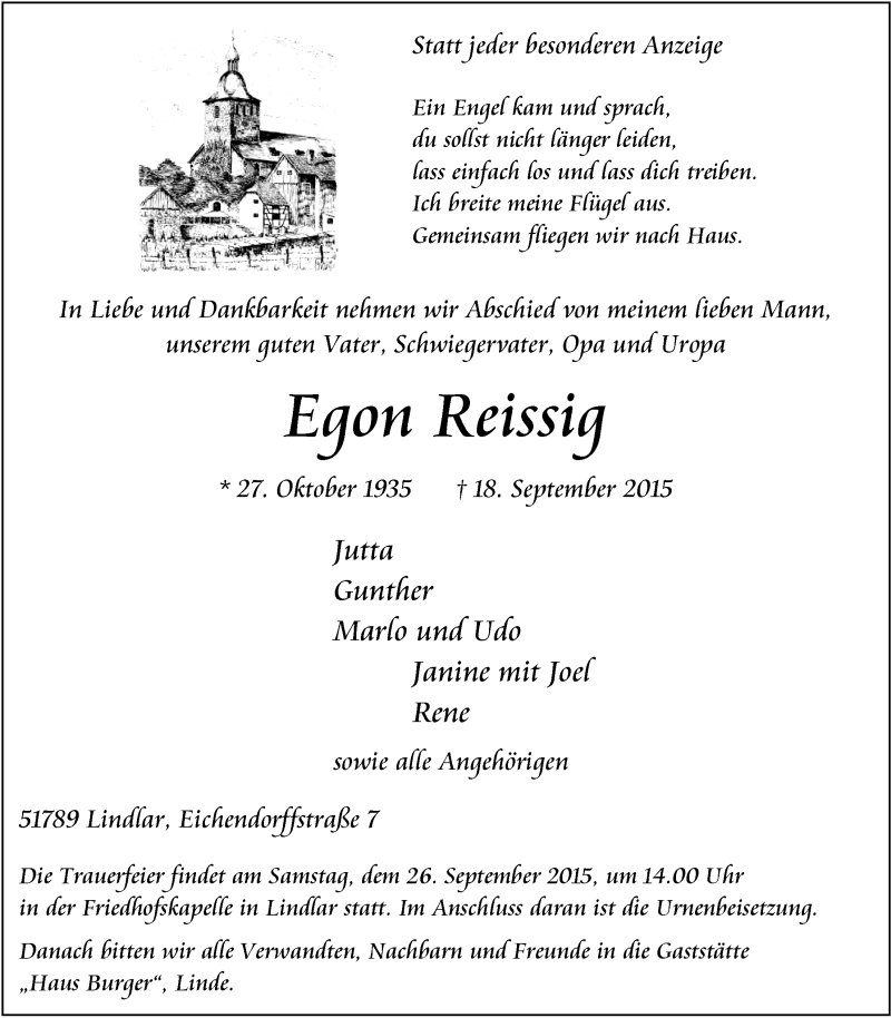  Traueranzeige für Egon Reissig vom 23.09.2015 aus  Anzeigen Echo 