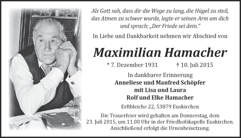  Traueranzeige für Maximilian Hamacher vom 19.07.2015 aus  Blickpunkt Euskirchen 