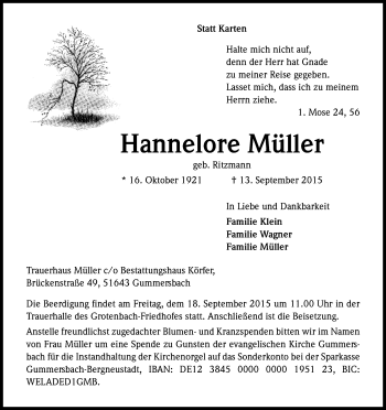 Anzeige von Hannelore Müller von Kölner Stadt-Anzeiger / Kölnische Rundschau / Express