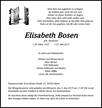 Anzeige von Elisabeth Bosen von Kölner Stadt-Anzeiger / Kölnische Rundschau / Express
