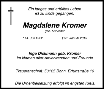 Anzeige von Magdalene Kromer von Kölner Stadt-Anzeiger / Kölnische Rundschau / Express