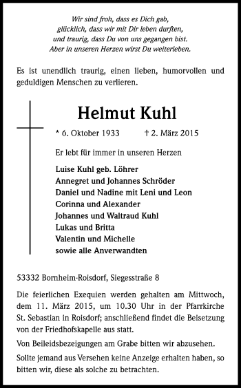 Anzeige von Helmut Kuhl von Kölner Stadt-Anzeiger / Kölnische Rundschau / Express