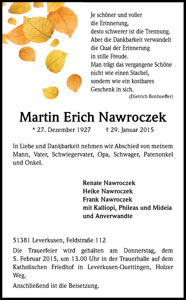  Traueranzeige für Martin Erich Nawroczek vom 31.01.2015 aus Kölner Stadt-Anzeiger / Kölnische Rundschau / Express