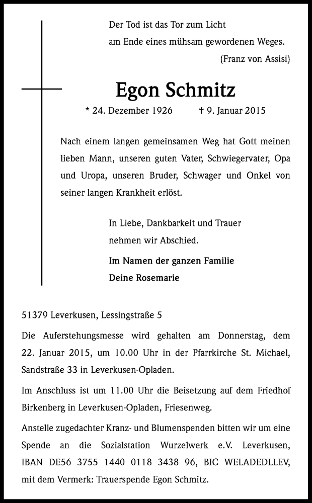  Traueranzeige für Egon Schmitz vom 17.01.2015 aus Kölner Stadt-Anzeiger / Kölnische Rundschau / Express