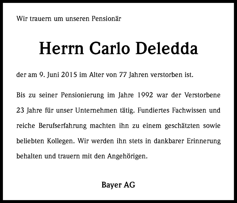 Traueranzeige für Carlo Deledda vom 19.06.2015 aus Kölner Stadt-Anzeiger / Kölnische Rundschau / Express