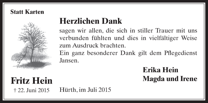  Traueranzeige für Fritz Hein vom 15.07.2015 aus  Wochenende 