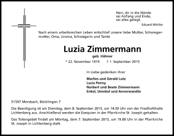 Anzeige von Luzia Zimmermann von Kölner Stadt-Anzeiger / Kölnische Rundschau / Express