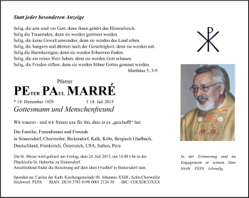 Anzeige von Peter Paul Marre von Kölner Stadt-Anzeiger / Kölnische Rundschau / Express